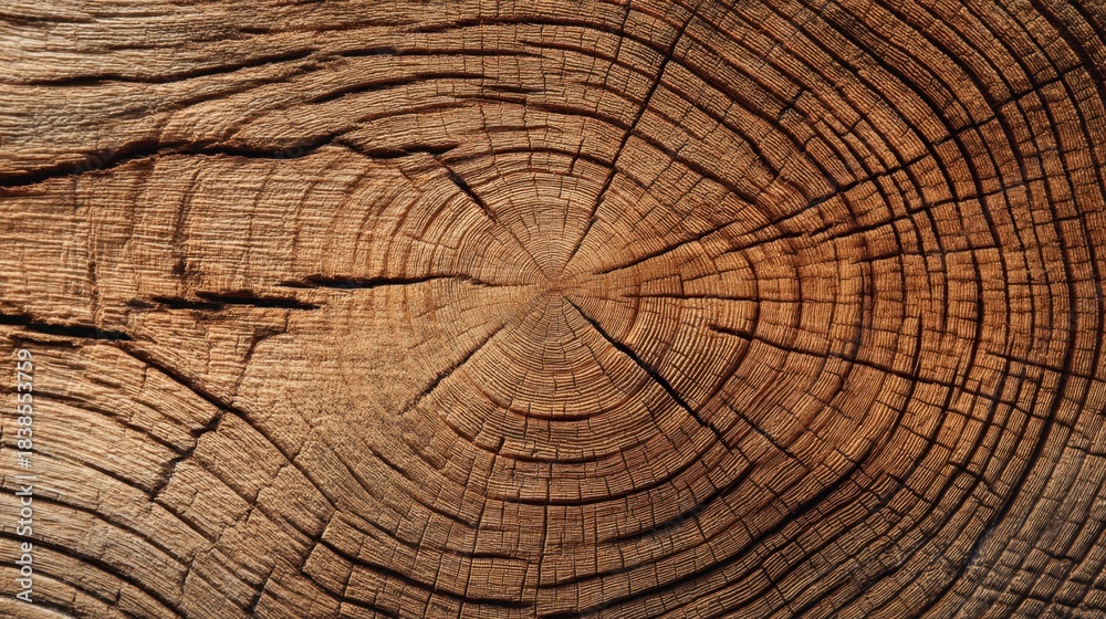 Fototapeta premium This scene displays the intricate patterns of tree rings on a cross section of wood. The growth lines form a unique design showing age and history of the tree.
