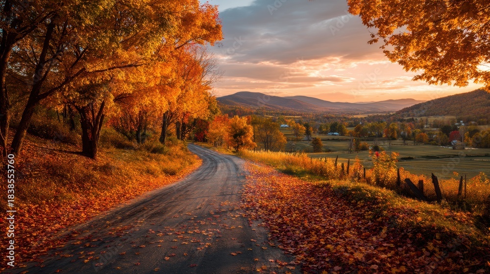 Fototapeta premium A winding road leads through a rural area filled with colorful autumn trees. The sun sets behind the mountains casting warm light over the scene.