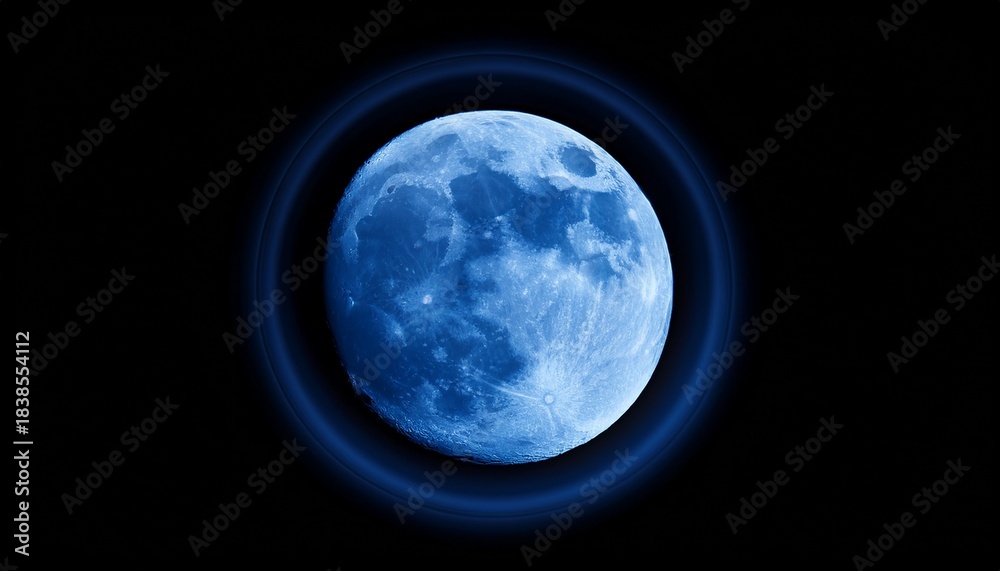 Fototapeta premium Blue Super Moon Glowing With Blue Halo Isolated On Black Background