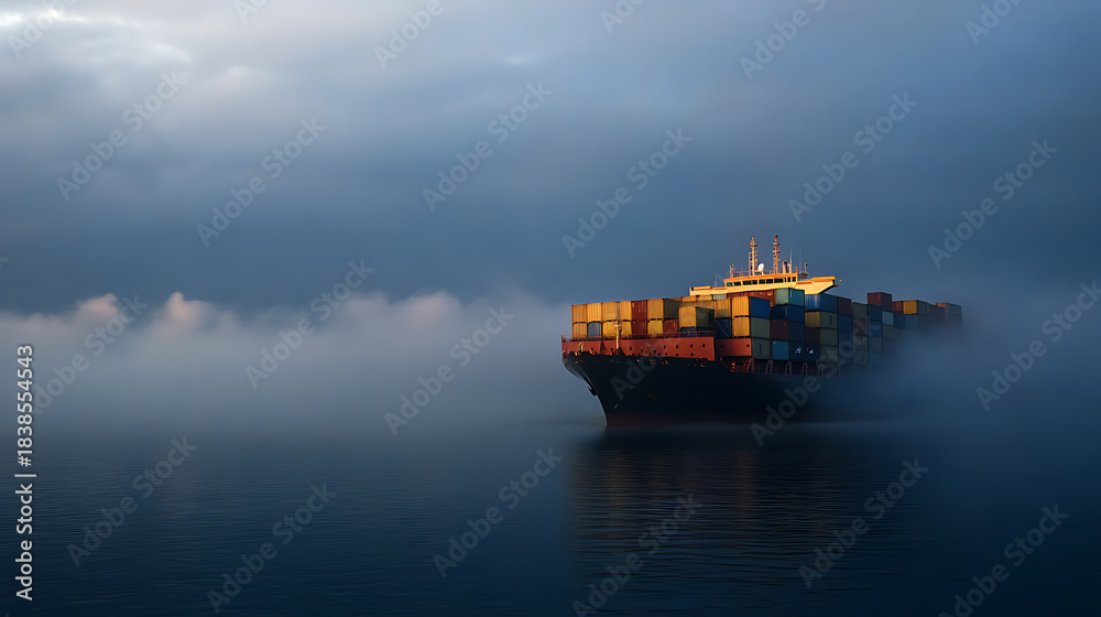 Fototapeta premium Cargo ship sailing through a sea of fog. The vessel, laden with multicolored containers, emerges from the mist, with a dramatic sky adding to the scene's mystique.