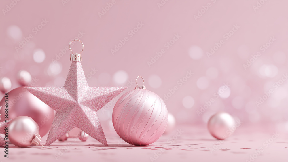 Naklejka premium Elegant Pink Christmas Star and Baubles on Soft Pastel Background with Sparkling Bokeh