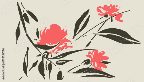 Flowers and leaves in Chinese style. Vector illustration.