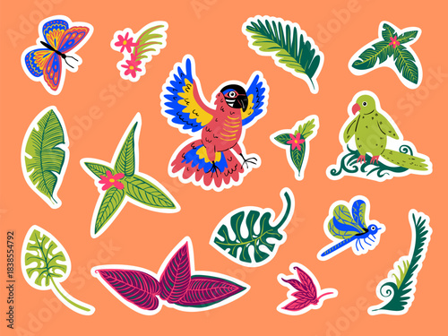 A set of stickers with tropical ornaments of parrots, insects and plants. Vector