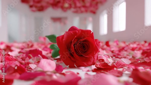 Captivating red rose amidst pink petals in elegant sunlit room