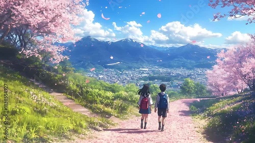 Two young friend walking in street covered cherry blossom - 2d animation
