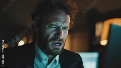 Business man looking at monitor screen and feeling sad.