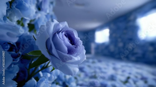 Elegant blooming flowers in blue room with soft focus and light