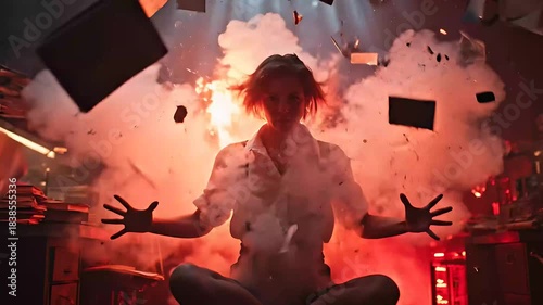 Young lady with mind control, burns books, stranger things vibe