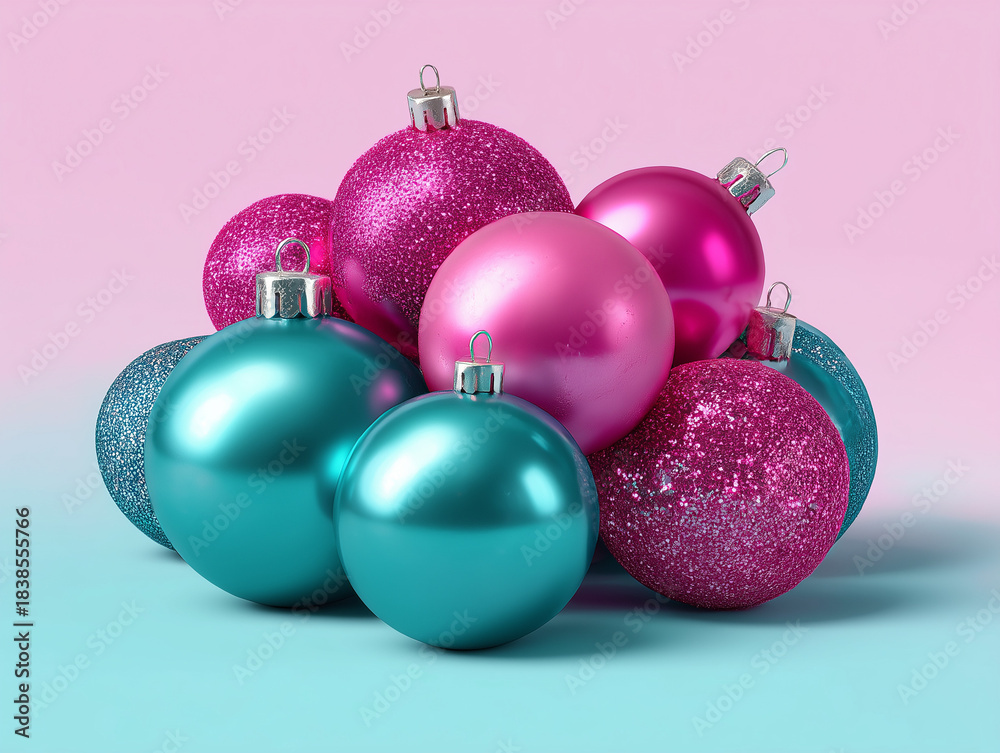 Obraz premium Pink and teal christmas holiday ornaments baubles decorating