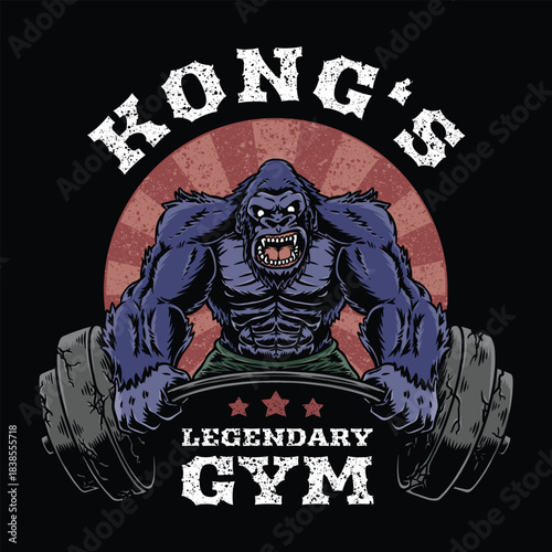 Muscular gorilla lifting a barbell for fitness and gym concept illustration