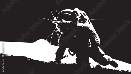 High-Contrast Silhouette of a Cat Crouching in a Shadowy Scene.