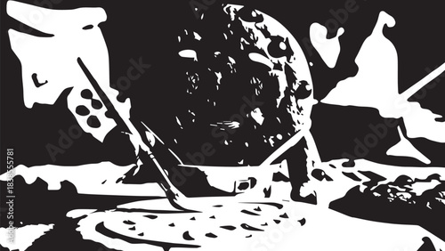 Silhouetted kitchen scene with pot, ladle, and steaming pan over a fire.