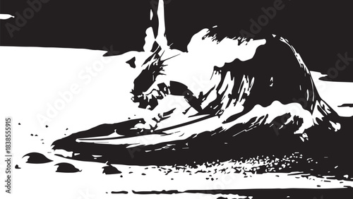 Stylized black and white scene depicting a resting animal on a rocky shoreline with dynamic waves and splash effects.