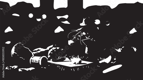 Silhouetted mice gather around a plate in a dark, dramatic dining scene.