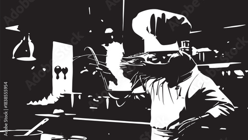 Silhouette of laboratory technician working with glassware and instruments in a high-contrast laboratory scene.