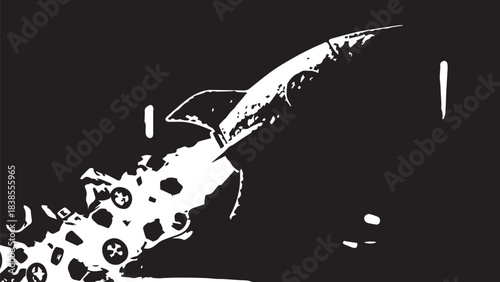 Abstract high-contrast silhouette of a space rocket in motion, futuristic technology artwork.