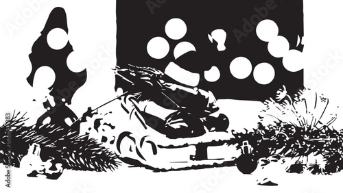 Black and white scene depicting a tank advancing across a war-torn battlefield.