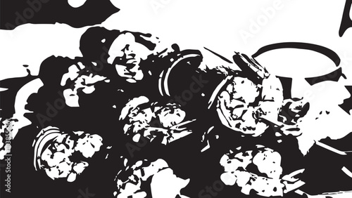 High-contrast monochrome illustration of a dense cluster of skulls and bones with dramatic shadowy composition.