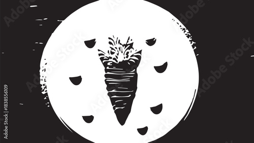 Minimal abstract circular design featuring a stylized cone and seeds within a white disk.