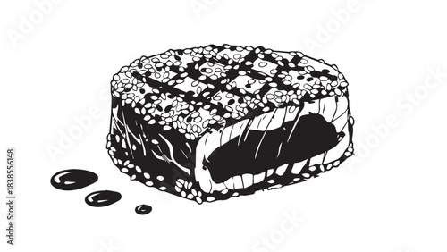 Delicious layered cake with chocolate glaze and frosting illustration.