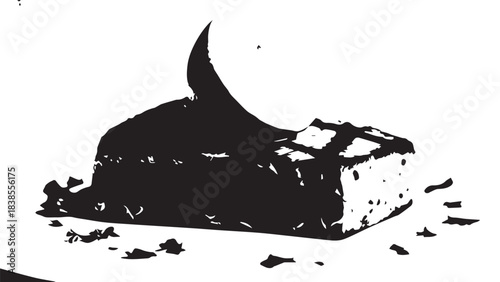 Moonlit snowy landscape featuring a dark silhouette resting on the icy ground.