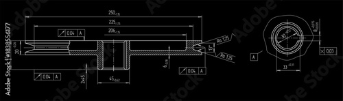 Assembly drawing of pulley (roller) of electrical reducer. Vector design of steel mechanical device with dimension lines. Engineering technic computer cad scheme on paper sheet. Hand drawn sketch.