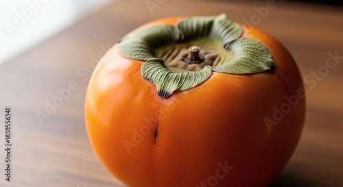 Vibrant and fresh, a ripe persimmon fruit with its iconic green calyx sits gracefully on a polished wooden surface, a symbol of autumn's healthy bounty