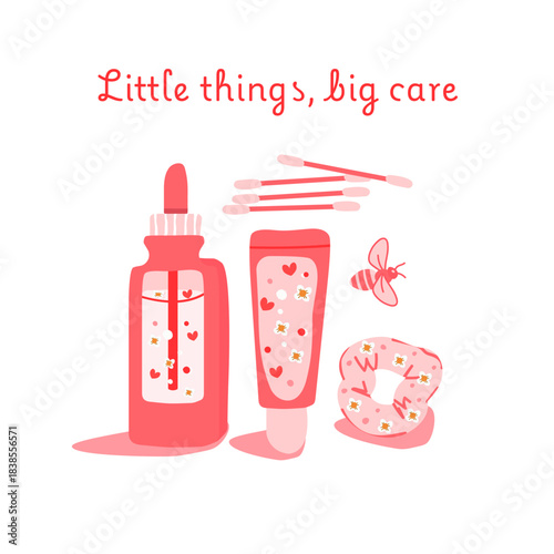 Daily Gentle Care Set. Pink Serum, Lip Balm, Cotton Swabs, Hair Tie and Bee, Skincare Essentials