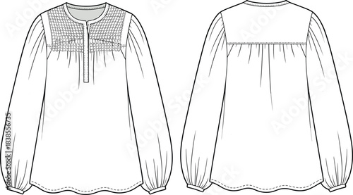 Girls long sleeve blouse fashion flat sketch with smocked yoke, gathered body, cuff cuffs and round neckline, technical clothing design template for apparel designers