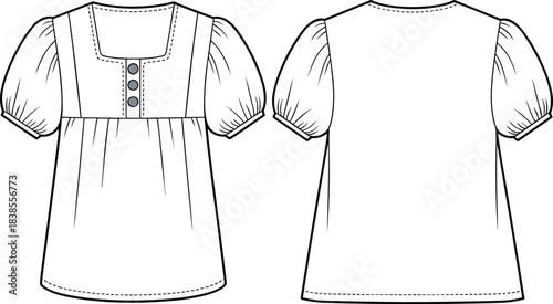 Girls puff sleeve top fashion flat sketch with square neckline, button placket, gathered sleeves and loose silhouette, technical clothing design template for apparel designers
