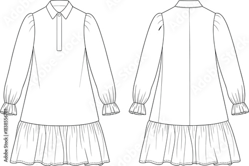 Girls long sleeve dress fashion flat sketch with collar, button placket, gathered sleeves, ruffle cuffs and tiered hem, technical clothing drawing template for designers