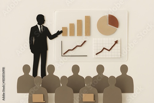 Stylized Paper-Cut Business Presentation with Charts and Audience