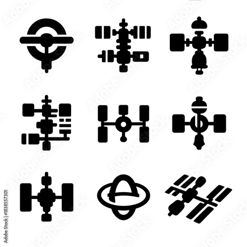 Space station icons collection on gray background