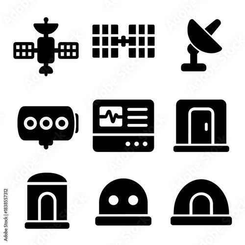 Silhouette icons of space technology and buildings on gradient background