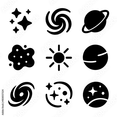 Abstract space icons: stars, galaxies, and planets in simple black designs