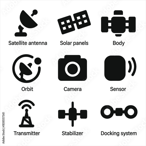 Space technology icons: antenna, solar panels, camera, sensor, docking system