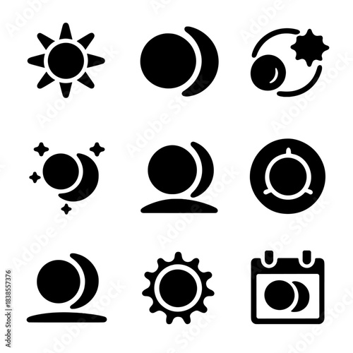Solar and lunar icons set with creative celestial symbols for design