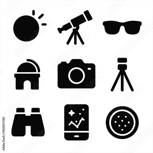 Astronomy and photography icons: telescopes, camera, sunglasses, tripod, smartphone