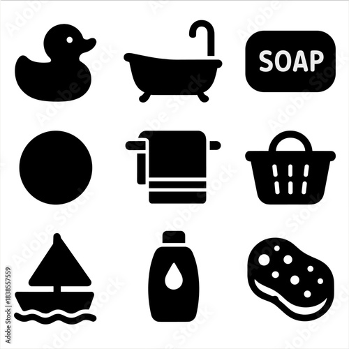 Bathroom icons: rubber duck, bathtub, soap, towel, laundry basket