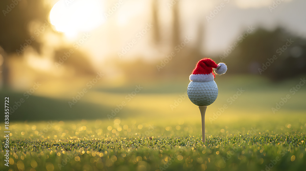 Fototapeta premium Festive golf: A white golf ball wearing a miniature Santa hat sits atop a tee on a lush green golf course bathed in warm sunlight. Christmas spirit on the green!