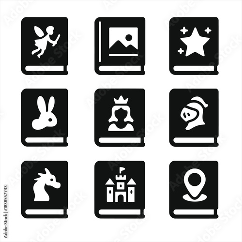 Fairy tale icons: books illustrated with enchanting magical creatures and symbols