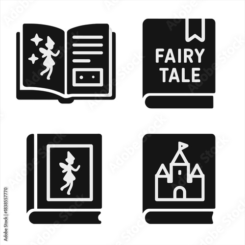 Black and white fairy tale icons with open book and castle images