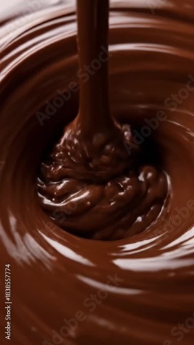 Smooth rich melted dark chocolate pours creating mesmerizing swirling patterns in a close up macro food photography shot