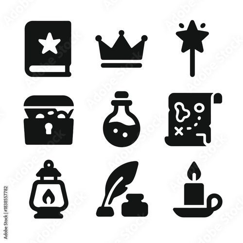 Magical icon set featuring crown, map, potion, and fairy tale elements
