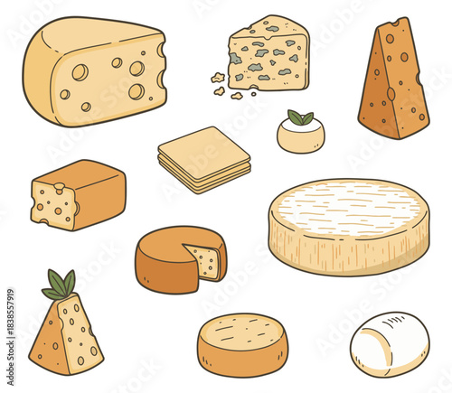 Assorted cheese varieties in flat style illustrations