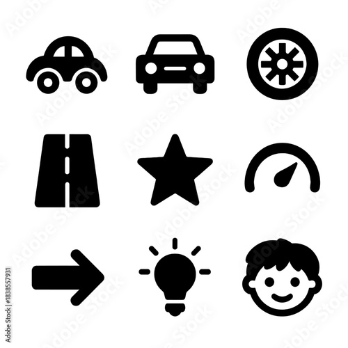 Black icon set featuring cars, roads, stars, and symbols on gradient background