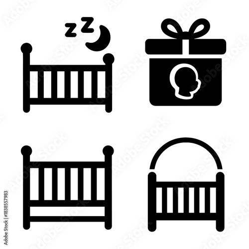 Sleepy moon cradle and gift box icons with locks and handles