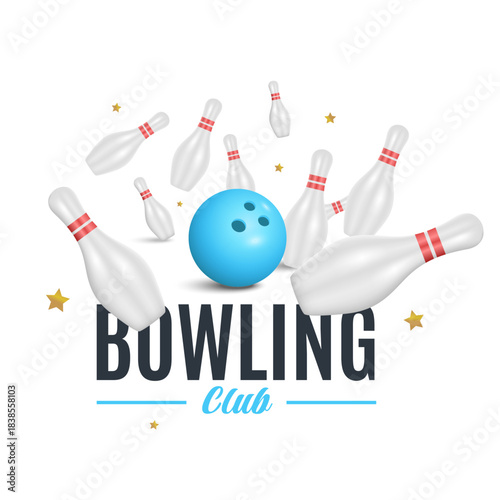 Dynamic bowling scene with blue ball and scattered pins