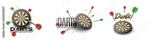Darts and target illustrations with bullseye hits and dartboard designs