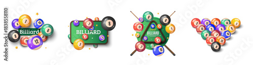 Colorful billiards icons with balls and cues on white background